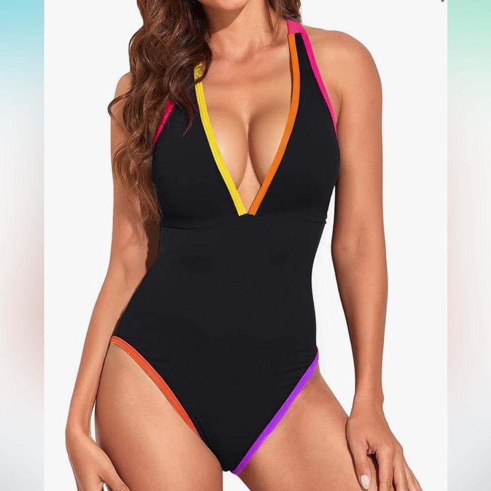 🆕 Black Multicolor Trim One-Piece  V-Neck Black Swimsuit